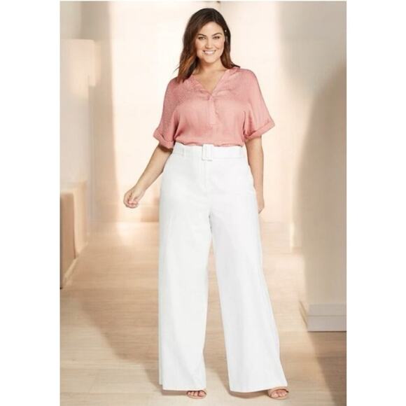 Lane Bryant Linen Blend Wide Leg High Rise Pants Size 20 Belted White Relaxed - Picture 1 of 12